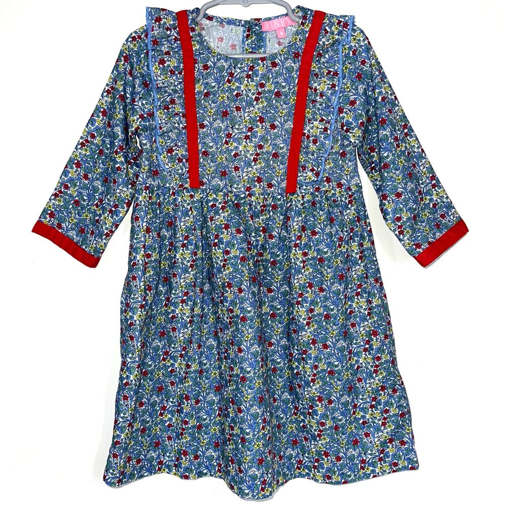 Bisby Girls Blue Red Floral Ruffle Porto Long Sleeve Dress Size 4